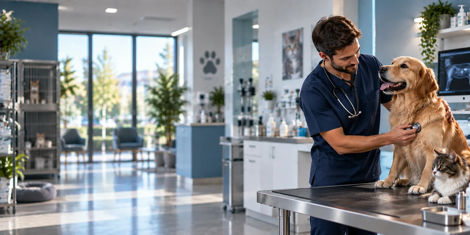 Vétérinaire en blouse auscultant un golden retriever sur une table en inox, un chat assis à côté