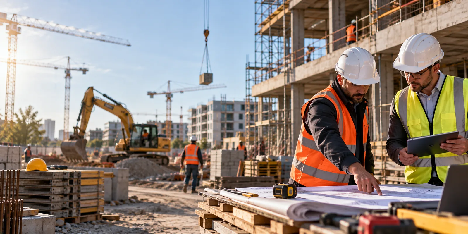 Deux hommes en casque et gilet de chantier penchés sur des plans, grues et bâtiment en construction derrière