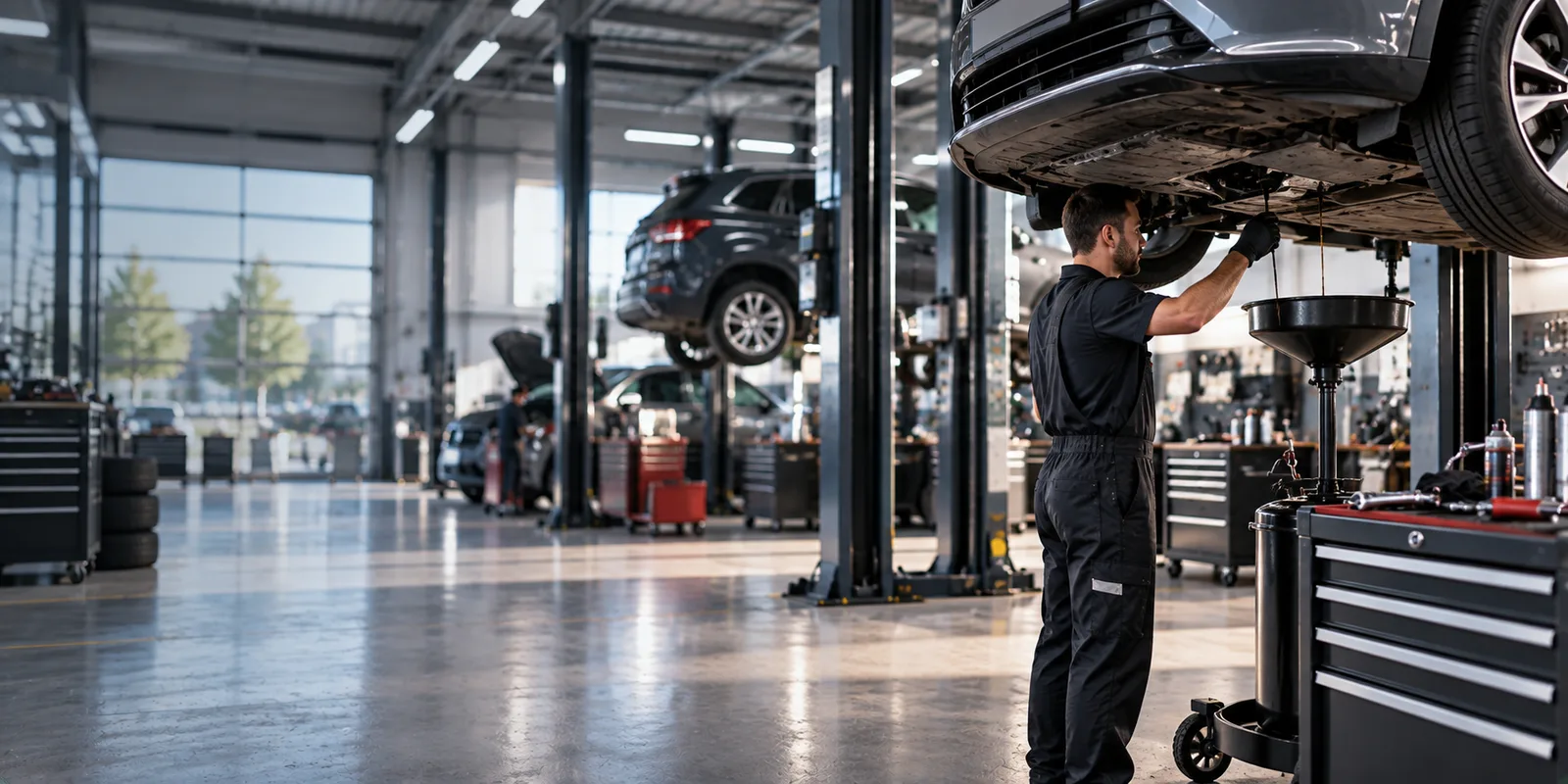 Mécanicien intervenant sous une voiture levée sur un pont élévateur, atelier lumineux et servante à outils