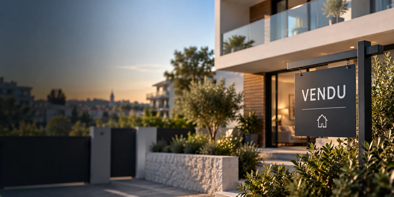 Maison contemporaine avec terrasse au coucher du soleil et panneau « Vendu » planté devant l'entrée