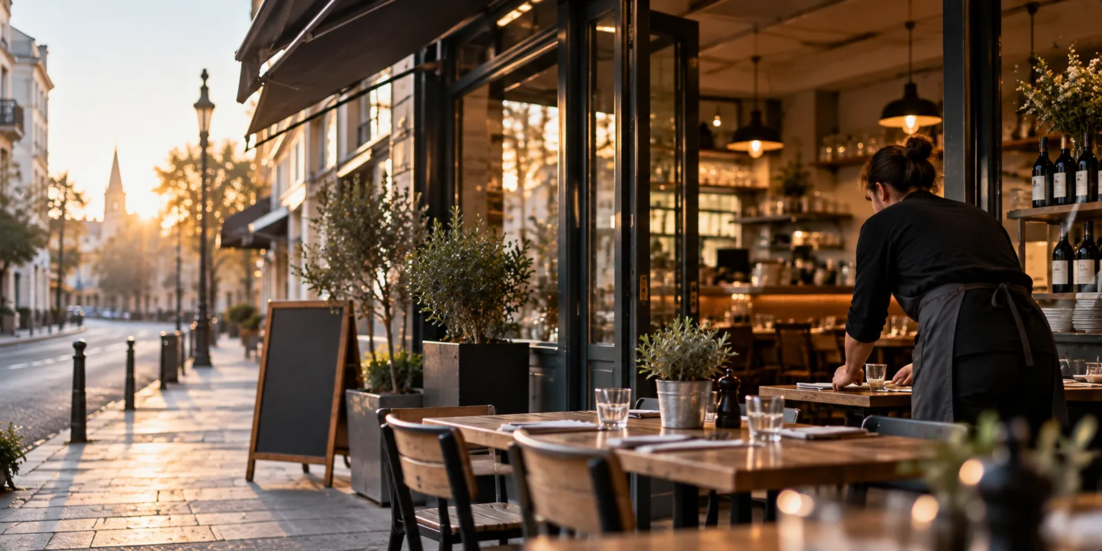 Serveuse dressant une table en terrasse au lever du jour, ardoise et rue commerçante déserte