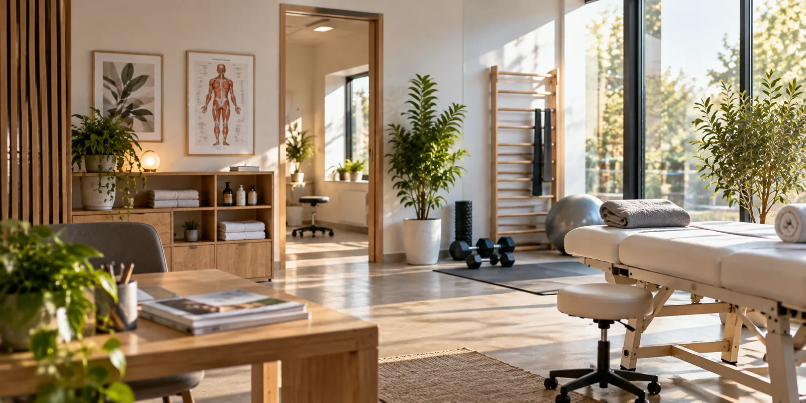 Cabinet de soin avec table de massage, planche anatomique au mur, espaliers et plantes vertes