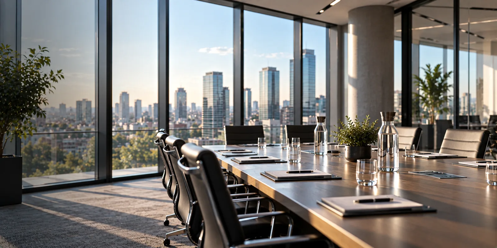 Salle de réunion vitrée avec longue table et fauteuils, vue sur les tours d'un quartier d'affaires