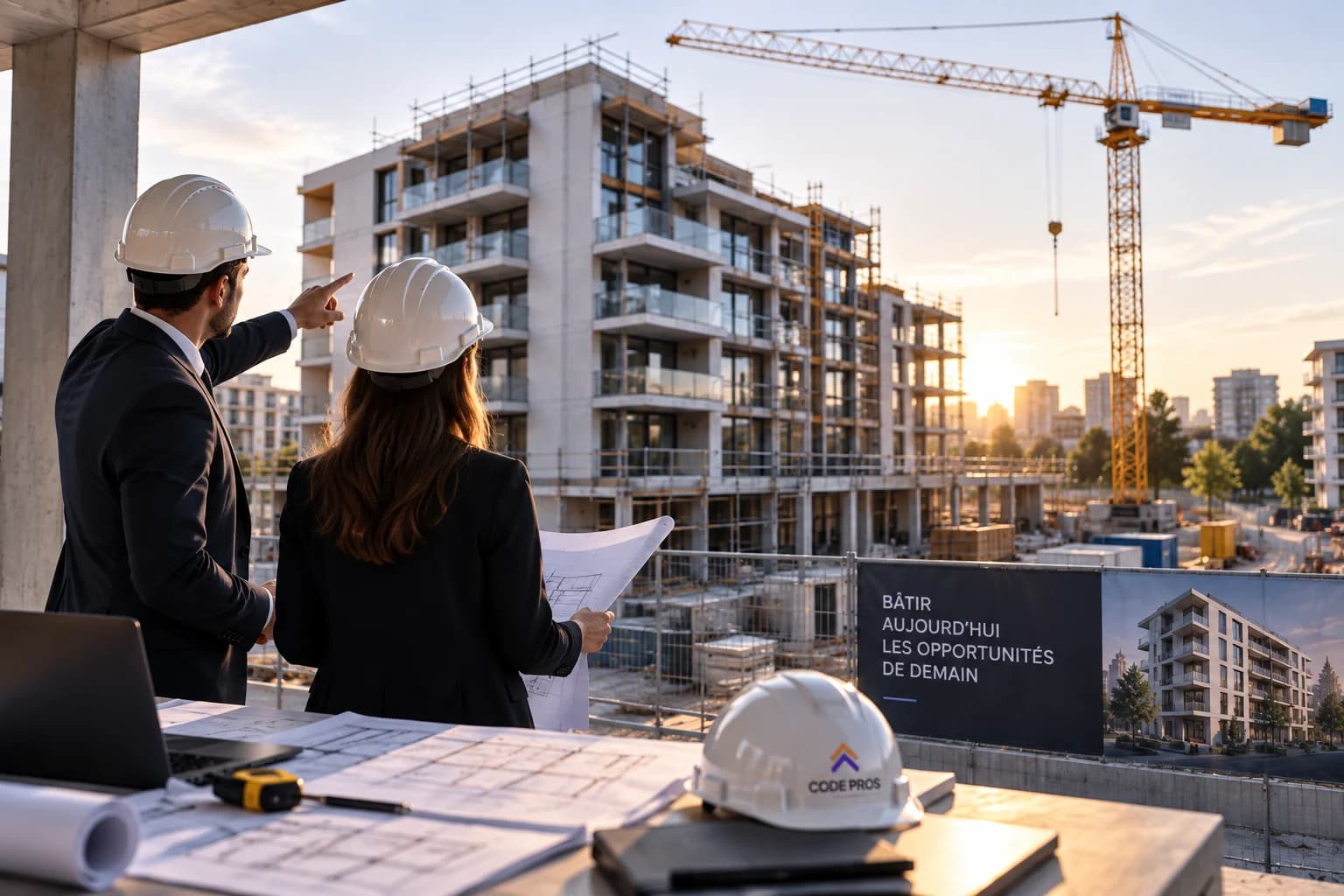Immeuble contemporain en construction au coucher du soleil, grue en arrière-plan