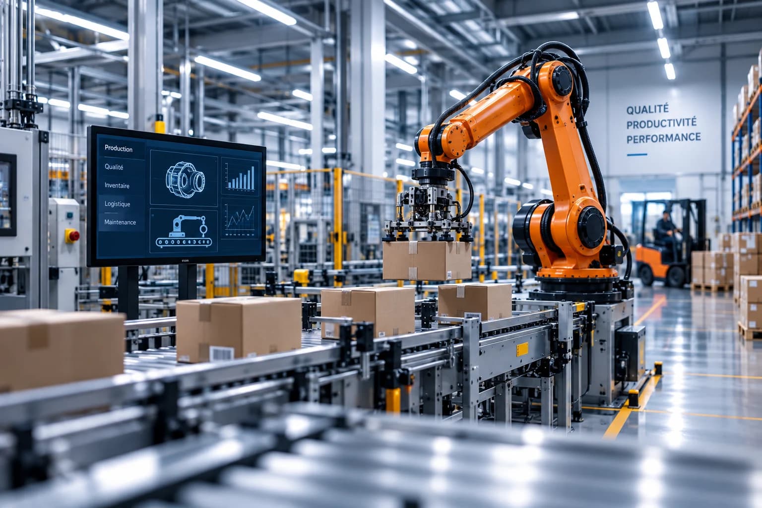 Bras robotisé orange dans un atelier industriel, structures métalliques en arrière-plan