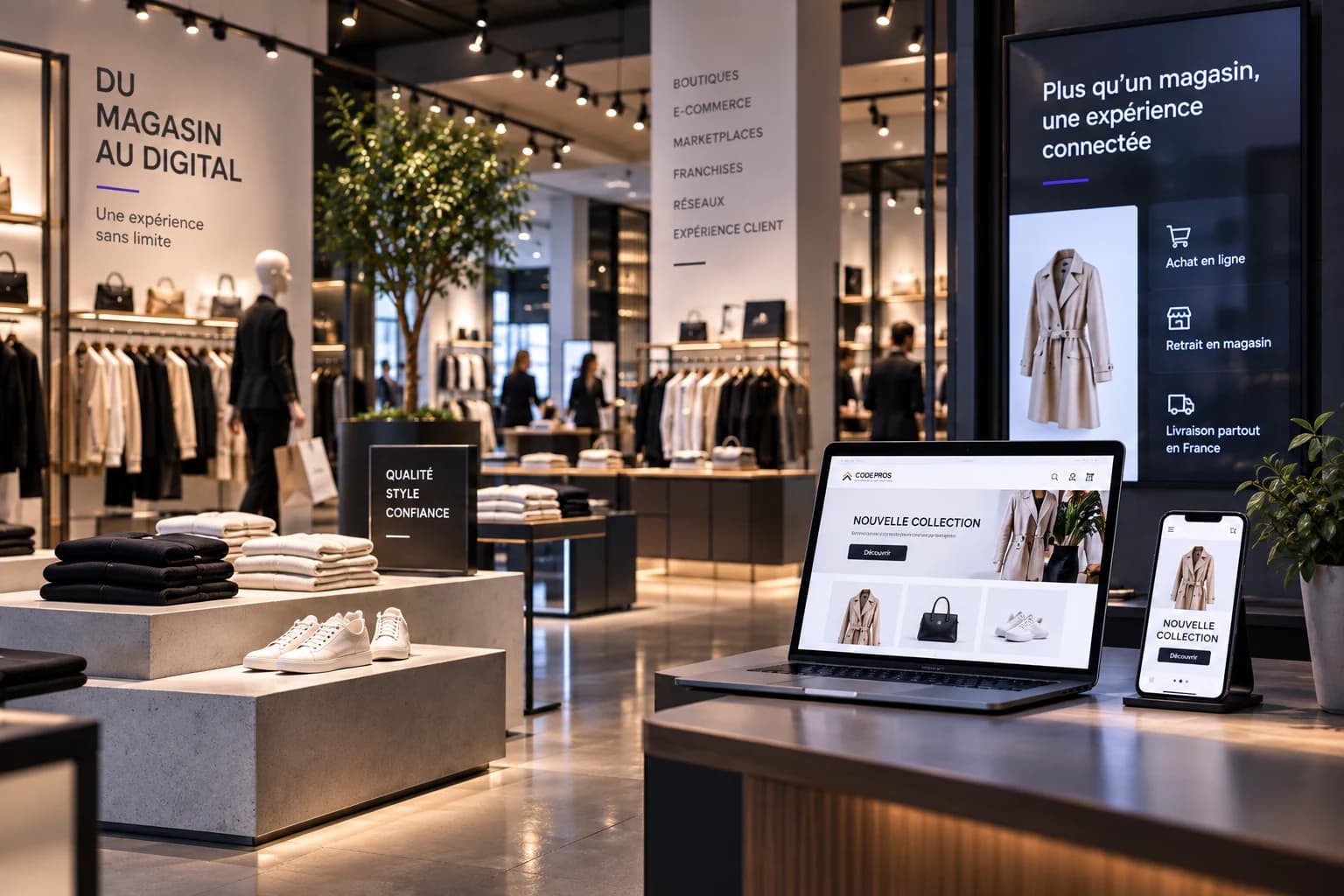 Intérieur d'un magasin moderne, présentoirs éclairés et vitrine sur rue