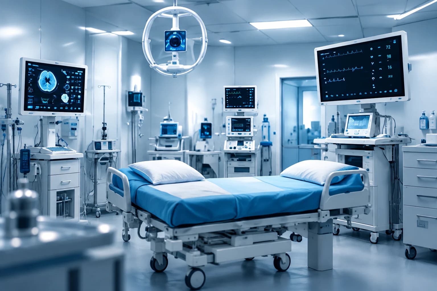 Chambre d'hôpital équipée, lit médicalisé et écrans de monitoring, lumière froide