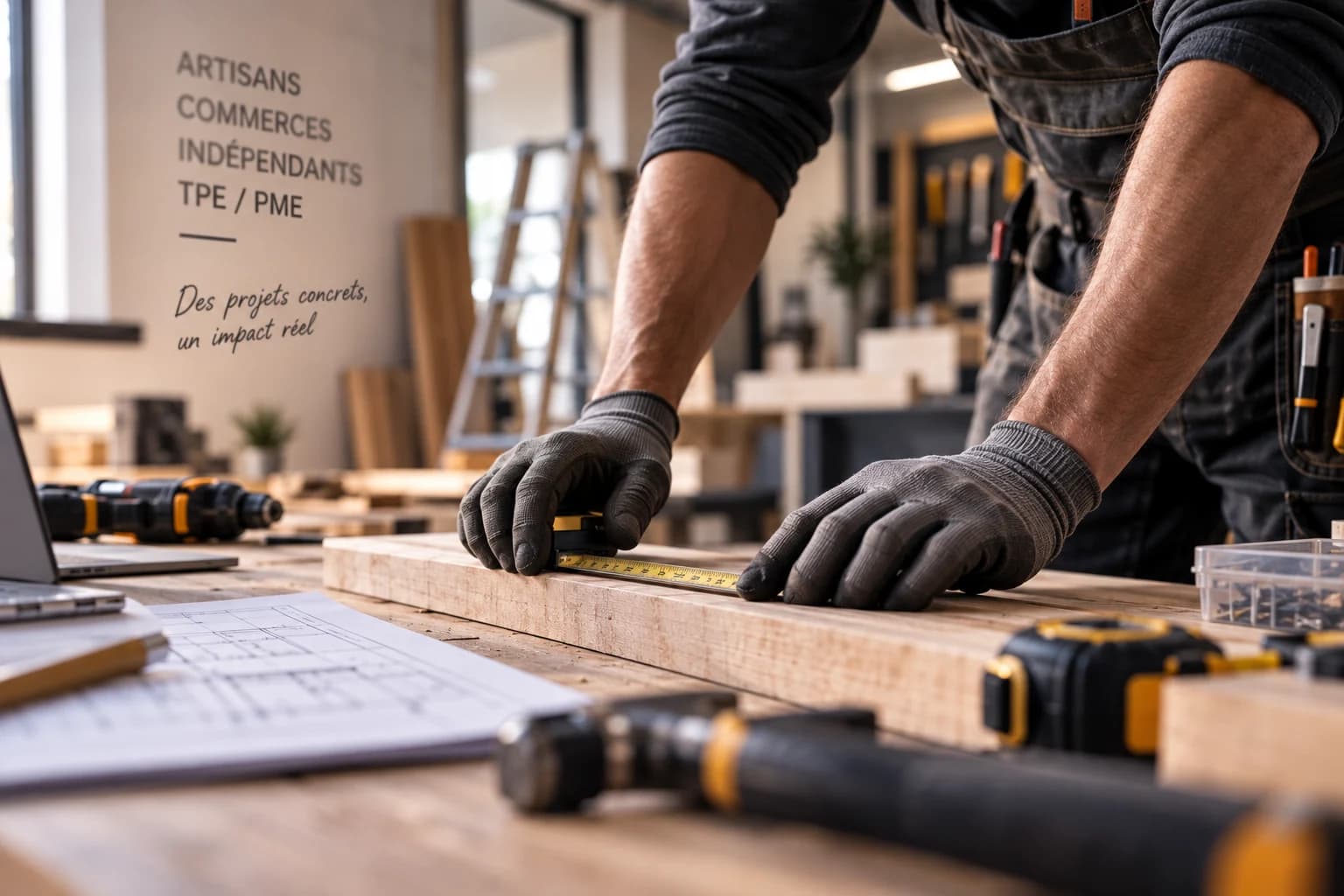 Mains gantées d'un artisan mesurant une pièce de bois sur un établi